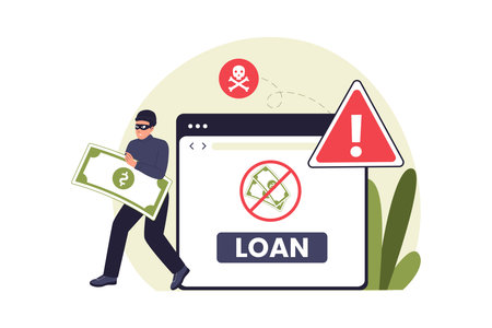 Loan Scam and Financial Fraud Illustration. A Hacker Promoting a Fake Loan Service to Deceive Users, Highlighting the Dangers of Online Scams and Digital Theft. Flat Vector Illustrationのイラスト素材