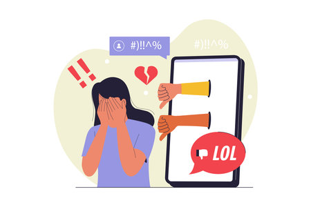 Social Media Cyberbullying Illustration. A Woman Crying from Negative Social Media Comments and Harassment, Highlighting the Dangers of Online Bullying. Vector Flat Illustrationのイラスト素材