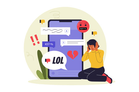 Cyberbullying and Online Harassment Illustration. A Woman Feeling Sad and Stressed from Negative Comments on Her Smartphone, Highlighting Digital Bullying and Mental Health. Vector Flat Illustrationのイラスト素材