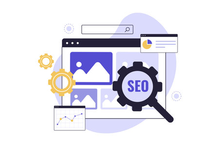 Image Optimization for SEO and Website Performance. A Professional Working on a Website, Highlighting the Importance of Optimizing Image Files for Faster Loading Speed. Vector Flat Illustrationのイラスト素材