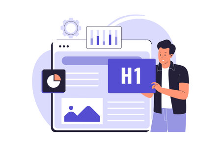On-Page SEO and Content Optimization Illustration. A Professional Optimizing a Website's Headings and Elements to Improve Search Engine Ranking and Relevance. Vector Flat Illustrationのイラスト素材