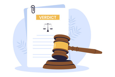Illustration of Verdict and Final Judgement. Document with Scales and Gavel Representing the Court's Final Decisionのイラスト素材