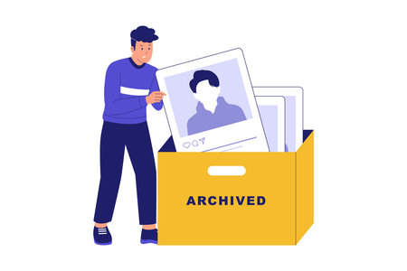 Illustration of Archived Posts and Digital Content Storage. Person Moving Old Posts or Files into an Archive Box for Managementのイラスト素材