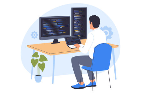 Illustration of Illustration of a Programmer Working on a Dual Monitor Setup. A developer is immersed in writing code on a dual monitor setup, symbolizing software development.のイラスト素材
