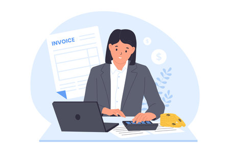Illustration of Accountant Working with Invoice and Calculator. a Woman Managing Bills, Financial Records, and Tax Paperwork in an Office.のイラスト素材