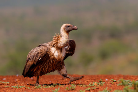 White-Backed Vulture (Gyps africanus) searching for food in Zimanga Game Reserve in Kwa Zulu Natal in South Africaの写真素材