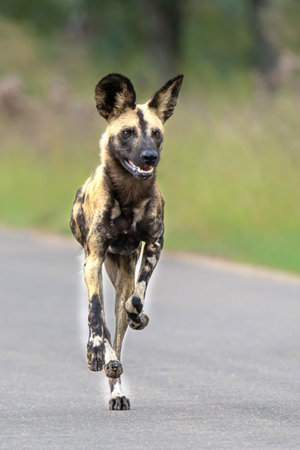 African Wild Dog playing, running and searching for food, in the Kruger National Park in South Africaの写真素材