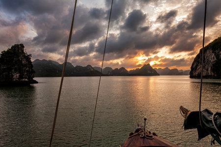 Halong Bay, Vietnam. View from a boat in the bay of Halong. In the bay are thousands of islands of limestone with beautiful shapes.の写真素材