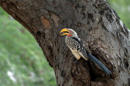 Southern yellow-billed hornbill (Tockus leucomelas). The hornbill couple showed love to each other by exchanging food at the nest in Balule Game Reserve the Greater Kruger Region iの写真素材