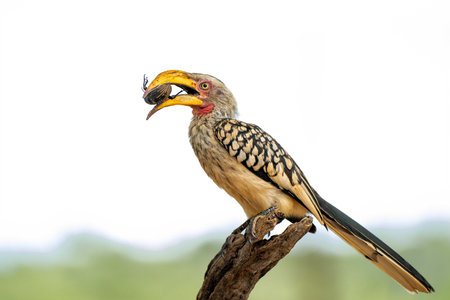 Southern yellow-billed hornbill (Tockus leucomelas). The hornbill couple showed love to each other by exchanging food at the nest in Balule Game Reserve the Greater Kruger Region iの写真素材