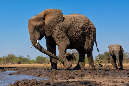 Elephants drinking ans taking a bath in a waterhole in Mashatu Game Reserve in the Tuli Block in Botswana.の写真素材