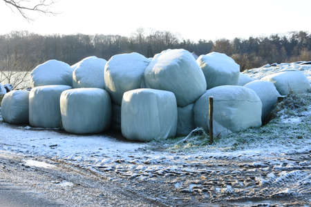 hay bales near a farm on a winters dayの写真素材