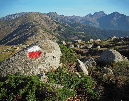 mountain trek - granite boulder marked with red and white wih blue sky and grassの写真素材