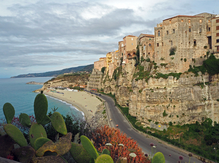 Tropea calabria Italy houses on the sea shore with opuncia cactiのeditorial素材