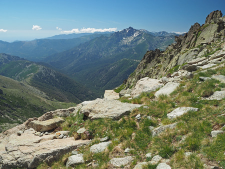 rocky mountain scenery with the meadow and blue skyの写真素材