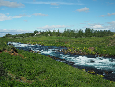 Wild blue glacier river stream in a green grass with poplar and cottage sunny blue sky small cloudsの写真素材