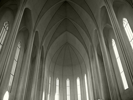 Detail of Interior of Hallgrimskirkja Cathedral, the Lutheran- Iceland famous church with high white pillarsのeditorial素材