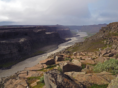 canyon river Jokullsa a Fjollum with massive rocks near Detifoss Icelandの写真素材
