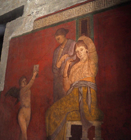 Ancient Roman Wall fresco in Villa of Diomede in ruins of  Pompeii, Campania region, Italyのeditorial素材