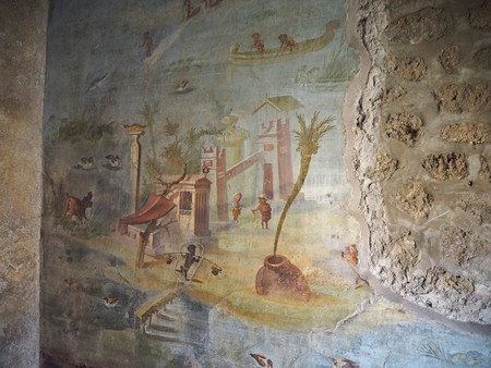 detail of ancient roman fresco in Casa della Fontana Piccola, Pompeii, Italyのeditorial素材