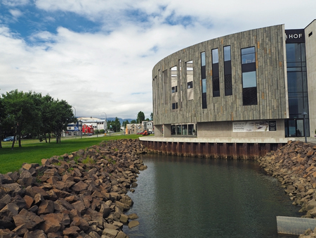 Iceland, Akureyri, July 28, 2016: View on modern Hof Cultural and Conference Centre in downtown Akureyri city center Icelandのeditorial素材