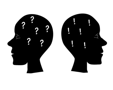 Two head profile silhouette with question mark and exclamation mark simple illustrationのイラスト素材