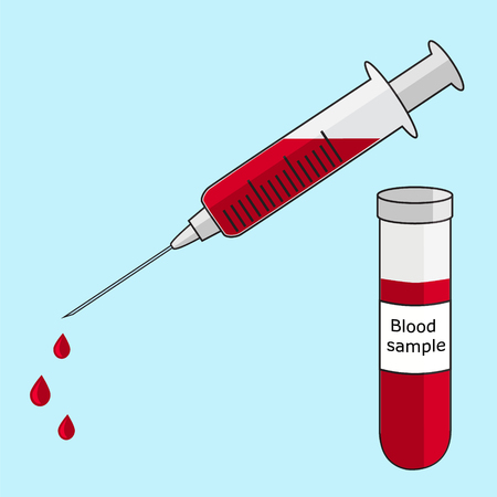 Medical syringe with needle filled with blood drops and test tube with blood sample simple flat style icon concept of medical tests, injection, isolated vector illustrationのイラスト素材