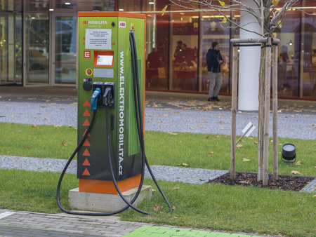 Czech republic, Prague, Karlin, November 27, 2017:  electiric car charger in office center Corso yardのeditorial素材