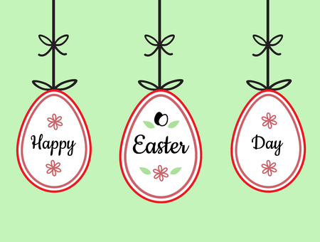 happy easter day text sign on hanging easter eggs with flower and ribbon bow decoration red and black outline vintage style greeting card on green backgroundのイラスト素材