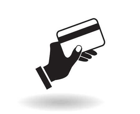 black and white flat vector icon hand holding credit card illustration with shadow, concept of paying by cardのイラスト素材