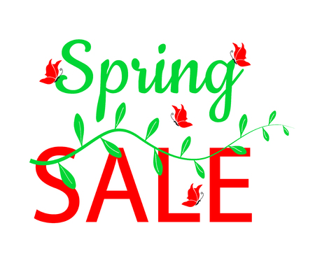 spring sale design text with green leaves and red butterfy illustration, vector seasonal promotion templateの写真素材