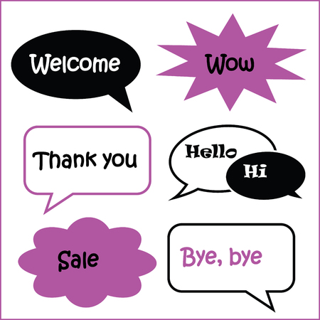 set of vector speech bubbles various shape in black white and pink, text welcome, wow, thank you,...