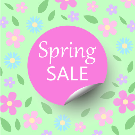 Spring sale floral background with discount circle sticker with curled cornerのイラスト素材