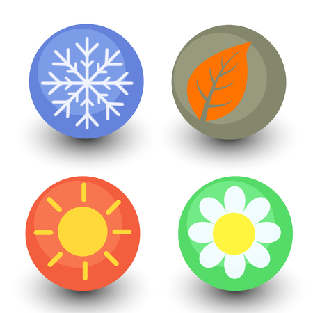 four season vector icon set, seasonal button with glassy luster and shadow - spring flower, autumn leaf, summer sun and winter snowflakeのイラスト素材