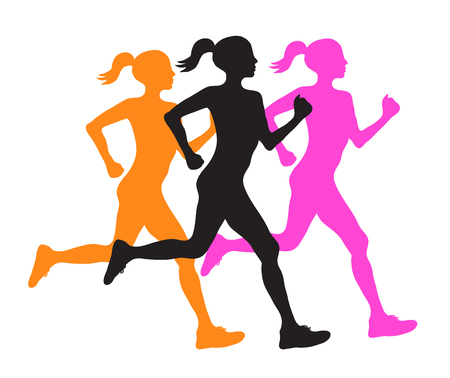 Three silhouette of running women profile black, orange and pink, vector illustration.のイラスト素材