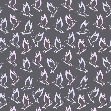gentle pink and light blue butterfly silhouette on gray, vintage romantic seamless vector backgroundのイラスト素材