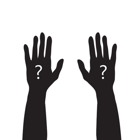 Black hands up with white question mark, unknown or asking concept, simple vectorのイラスト素材