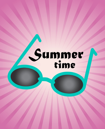 summer background, green blue sun glasses on pink ray burst with text summe time, vector in retro styleのイラスト素材