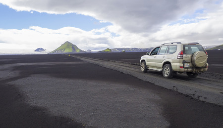 South Island, Nature reserve Fjallabak, July 7, 2018: Off road car Toyota Landcruiser driving on...