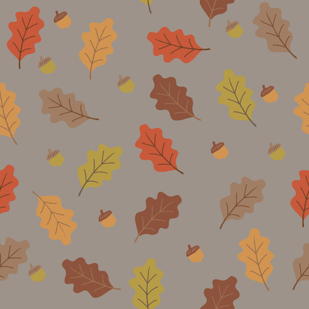 orange yellow, brown and beige oak tree leaves and accorn, seamless vector seasonal autumn backgroundのイラスト素材