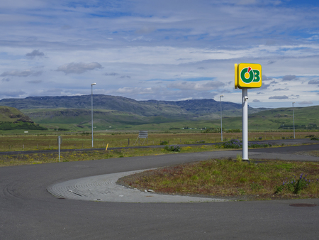 Iceland,Kirkjub jarklaustur, July 6, 2018: roundabout with notiのeditorial素材