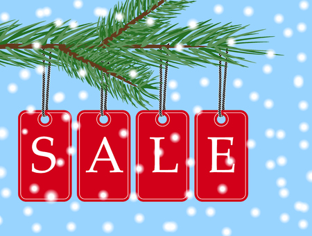 Vector christmas sale banner with red posters with white text sale hanging from spruce tree branch. Illustration for use website, brochure, flyer, poster and banner. Blue background with snow ballsのイラスト素材