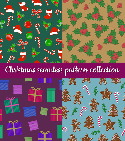 Set of colorful vector winter holidays Christmas seamless pattern collection. Merry Christmas and Happy New Year decoration. Gift, gingerbread, santa hat and sock, candy cane, baubles and holy berry.のイラスト素材