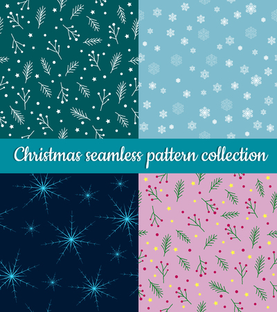 Set of blue green and pink vector winter holidays Christmas seamless pattern collection. Stars and snowflakes and fir twigs, berries, spruce tree sprig. Graphic design element for wrapping paper, prints, scrapbooking, simple flat vector eps10.のイラスト素材