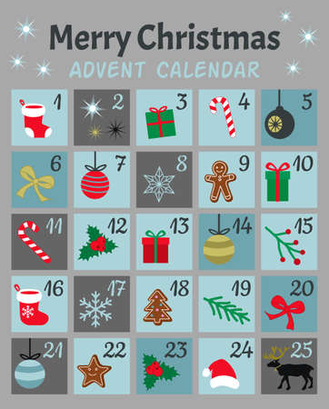 Colorful Mery Chistmas Advent calendar. Cute Christmas, winter and New Year symbols and icons with numbers. Simple flat hand drawing vintage style. Doodles vector poster. Used for printing, greeting card, banner.のイラスト素材