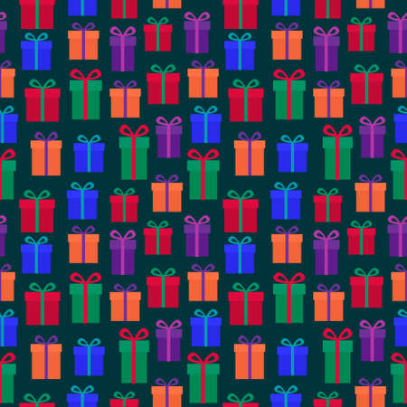 Christmas and Happy New Year seamless pattern with colorful red blue orange and violet gift boxes,...