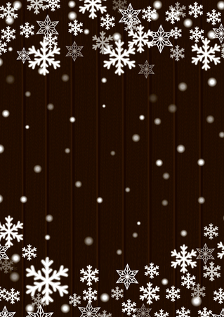 christmas background, brown wooden plank board with blurred white snowflakes stars and snow balls, vector eps10 illustration.のイラスト素材