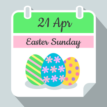 Easter Sunday wall calendar 2019 april 21 vector icon with colorful easter eggs with dots, stipes and flowers, flat style. Vector eps10のイラスト素材