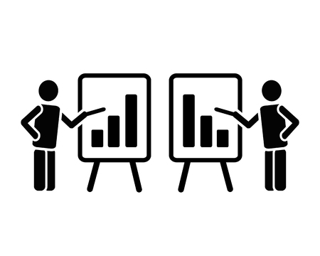 simple two black solid icon pictogram of man figure with flipchart pointing on bar chart columns growing up and falling down, Business presentation concept.のイラスト素材