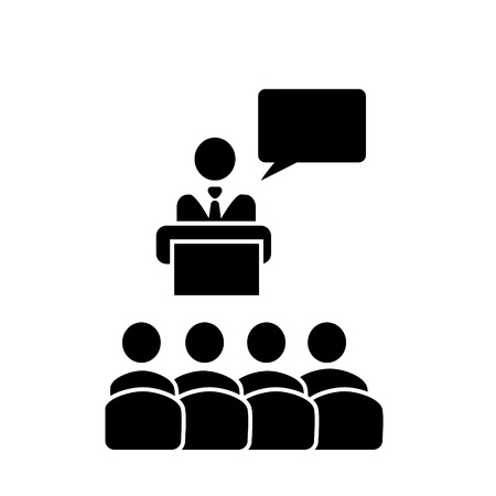 Speaker with audience and speech bubble vector icon in flat solid black style. Podium conference presentation sign. Speaker on the pedestal. Tribune orator concept of Business meeting, discussion or debate. Vector EPS 10 illustrationのイラスト素材